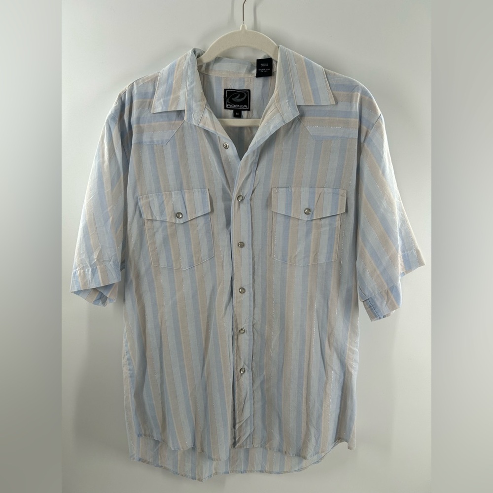 Roper Short-Sleeve Button-Up Shirt in Light Blue and Tan‎ Stripes Size M